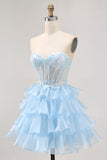 Sparkly Blue Sweetheart Ruffled Short Corset Prom Dress with Sequins