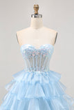 Sparkly Blue Sweetheart Ruffled Short Corset Prom Dress with Sequins