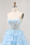 Sparkly Blue Sweetheart Ruffled Short Corset Prom Dress with Sequins