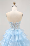 Sparkly Blue Sweetheart Ruffled Short Corset Prom Dress with Sequins