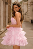 Sparkly Pink Corset Sweetheart Ruffled Short Cocktail Dress with Lace