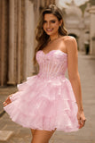 Sparkly Pink Corset Sweetheart Ruffled Short Cocktail Dress with Lace