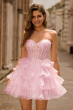 Sparkly Pink Corset Sweetheart Ruffled Short Cocktail Dress with Lace