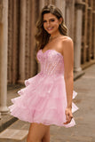 Sparkly Pink Corset Sweetheart Ruffled Short Cocktail Dress with Lace