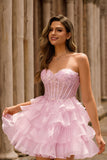 Sparkly Pink Corset Sweetheart Ruffled Short Cocktail Dress with Lace