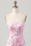 Pink Jacquard Floral Detachable Sleeves Tight Short Prom Dress