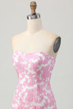 Pink Jacquard Floral Detachable Sleeves Tight Short Prom Dress