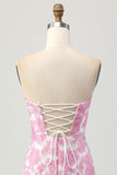 Pink Jacquard Floral Detachable Sleeves Tight Short Prom Dress