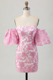 Pink Jacquard Floral Detachable Sleeves Tight Short Prom Dress