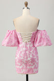 Pink Jacquard Floral Detachable Sleeves Tight Short Prom Dress