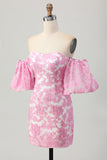 Pink Jacquard Floral Detachable Sleeves Tight Short Prom Dress