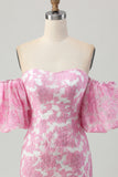 Pink Jacquard Floral Detachable Sleeves Tight Short Prom Dress