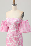 Pink Jacquard Floral Detachable Sleeves Tight Short Prom Dress