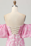 Pink Jacquard Floral Detachable Sleeves Tight Short Prom Dress