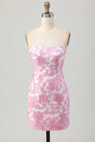 Pink Jacquard Floral Detachable Sleeves Tight Short Prom Dress