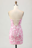 Pink Jacquard Floral Detachable Sleeves Tight Short Prom Dress