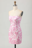 Pink Jacquard Floral Detachable Sleeves Tight Short Prom Dress