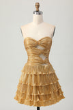 Golden Sweetheart Short Metallic Keyhole Tiered Prom Dress