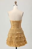 Golden Sweetheart Short Metallic Keyhole Tiered Prom Dress