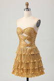 Golden Sweetheart Short Metallic Keyhole Tiered Prom Dress