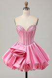 Sparkly Satin Pink Corset Strapless Short Prom Dress with Rhinestones