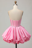 Sparkly Satin Pink Corset Strapless Short Prom Dress with Rhinestones