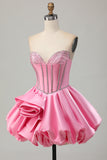 Sparkly Satin Pink Corset Strapless Short Prom Dress with Rhinestones