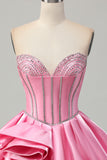 Sparkly Satin Pink Corset Strapless Short Prom Dress with Rhinestones