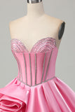 Sparkly Satin Pink Corset Strapless Short Prom Dress with Rhinestones