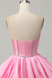 Sparkly Satin Pink Corset Strapless Short Prom Dress with Rhinestones