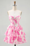 Fuchsia Floral Tiered Short Corset Prom Dress with Ruffles