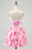 Fuchsia Floral Tiered Short Corset Prom Dress with Ruffles