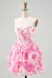 Fuchsia Floral Tiered Short Corset Prom Dress with Ruffles
