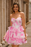 Sparkly White Blue Floral Corset A Line Short Cocktail Dress with Ruffles