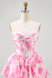 Fuchsia Floral Tiered Short Corset Prom Dress with Ruffles