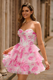 Sparkly White Blue Floral Corset A Line Short Cocktail Dress with Ruffles