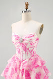 Fuchsia Floral Tiered Short Corset Prom Dress with Ruffles