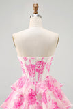 Fuchsia Floral Tiered Short Corset Prom Dress with Ruffles