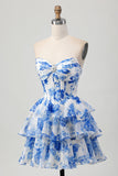 Fuchsia Floral Tiered Short Corset Prom Dress with Ruffles