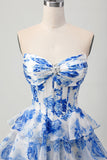 Fuchsia Floral Tiered Short Corset Prom Dress with Ruffles