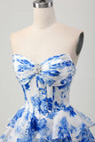 Fuchsia Floral Tiered Short Corset Prom Dress with Ruffles