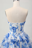 Fuchsia Floral Tiered Short Corset Prom Dress with Ruffles