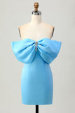Satin Blue Tight Strapless Short Prom Dress with Bow