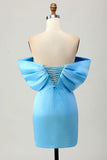Satin Blue Tight Strapless Short Prom Dress with Bow