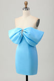 Satin Blue Tight Strapless Short Prom Dress with Bow