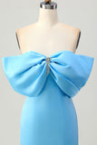 Satin Blue Tight Strapless Short Prom Dress with Bow