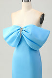 Satin Blue Tight Strapless Short Prom Dress with Bow