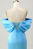 Satin Blue Tight Strapless Short Prom Dress with Bow