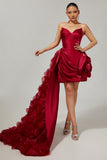 Burgundy Tight Satin Short Cocktail Dress with 3D Flower