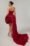 Burgundy Tight Satin Short Cocktail Dress with 3D Flower